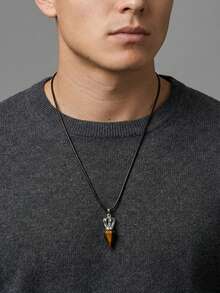 1pc Minimalist Stainless Steel Crown & Natural Tiger Eye Stone Pendant Necklace For Men, Father's Day Gift - Silver - View 1