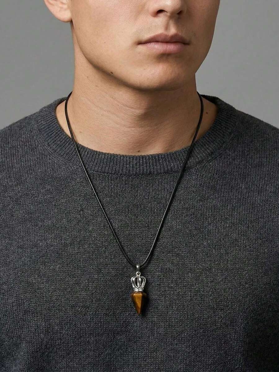 1pc Minimalist Stainless Steel Crown & Natural Tiger Eye Stone Pendant Necklace For Men, Father's Day Gift - Silver - View 1