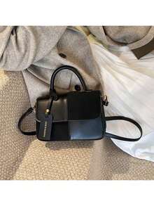 Women's Square Handbag With Dual-Color Plaid Patchwork Design, Fashionable, Elegant, Minimalist, Crossbody, Black - 黑色 - 查看 5