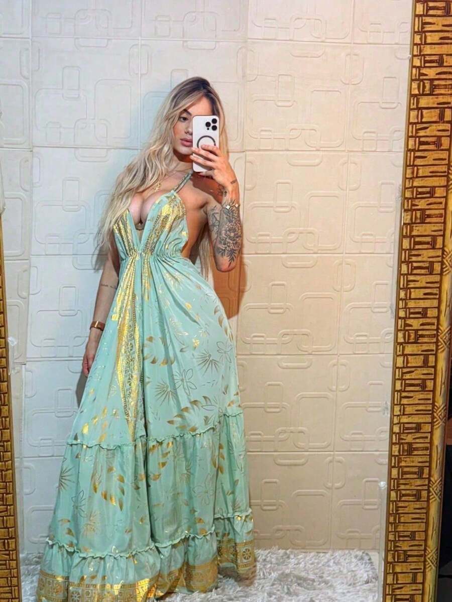Elegant White Long Dress For Women In Printed Silk - Light Grey - View 1
