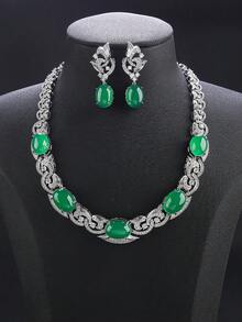 Bộ trang sức cao cấp 3 món đính đá Cubic Zirconia gồm dây chuyền và bông tai, phụ kiện thời trang cá tính dành cho váy dạ hội, quà tặng ngày Valentine/lễ hội. - bộ trang sức - Xem 1
