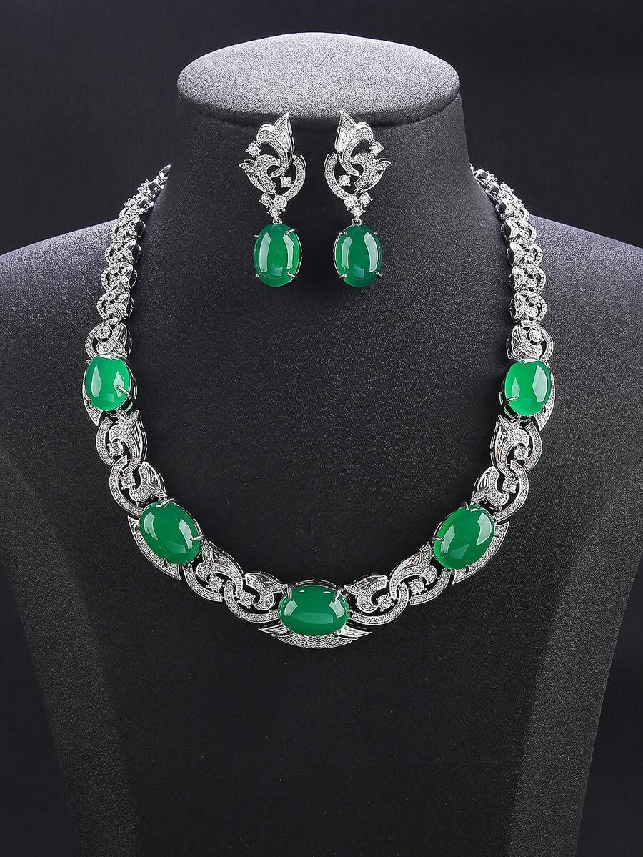 Bộ trang sức cao cấp 3 món đính đá Cubic Zirconia gồm dây chuyền và bông tai, phụ kiện thời trang cá tính dành cho váy dạ hội, quà tặng ngày Valentine/lễ hội. - bộ trang sức - Xem 1