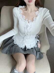 Lace Trim Fitted Knit Cardigan - White - View 8