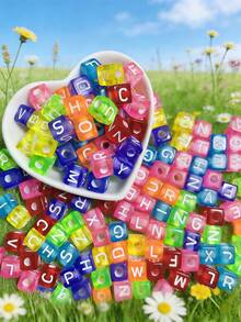 300/600/1000pcs Mixed Color Acrylic Letter Pattern Square Spacer Beads For Jewelry Making - Multicolor - View 2