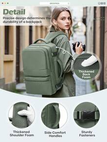 男女通用旅行背包，符合航空公司个人物品携带规定，14/15.6英寸防盗笔记本电脑背包，带耳机插孔，防水大学生书包，大容量商务笔记本电脑包 - 軍綠色 - 查看 6