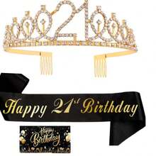 3件套女士生日绶带和皇冠套装，包含生日皇冠、绶带、胸针和贺卡，适合庆祝16岁、18岁、21岁、30岁、40岁、50岁、60岁、70岁、80岁生日。 - 彩色 - 查看 5