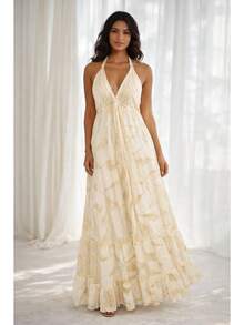 Elegant White Long Dress For Women, Long  Silk Print. - Medium Wash - View 1