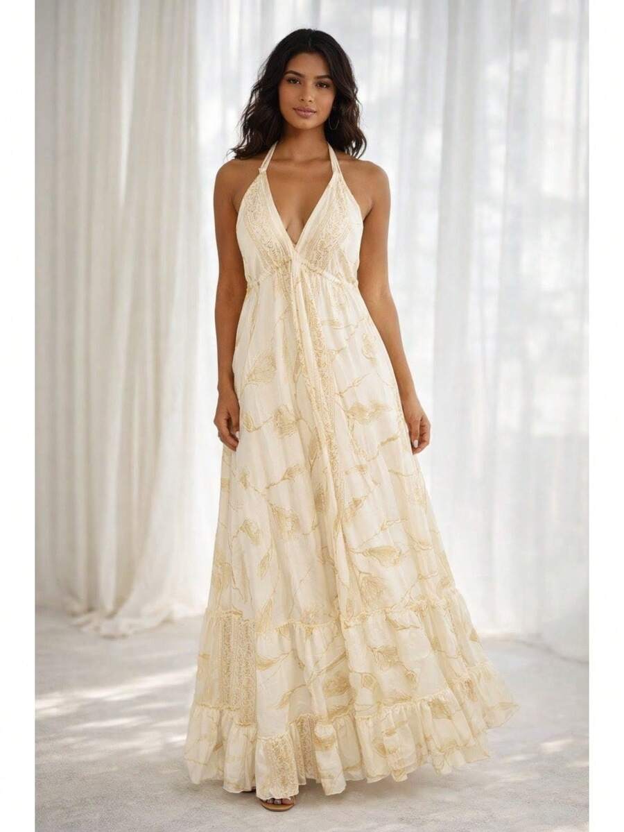 Elegant White Long Dress For Women, Long Silk Print. - Medium Wash - View 1