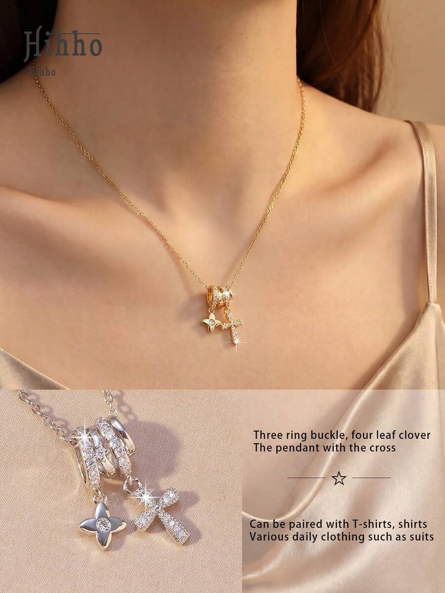 Hihho 1 chiếc dây chuyền, thiết kế cá nhân hóa sang trọng với ba vòng tròn, họa tiết cỏ bốn lá và thánh giá, phong cách độc đáo phù hợp cho các dịp hàng ngày, đi học, hẹn hò, tiệc tùng nhẹ nhàng. - đi qua - Xem 1