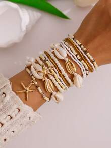14pcs Bohemian Style Shell & Bead Bracelet Set With Starfish Pendant, Women Bracelet Assorted Bead Colors - Beige - View 2