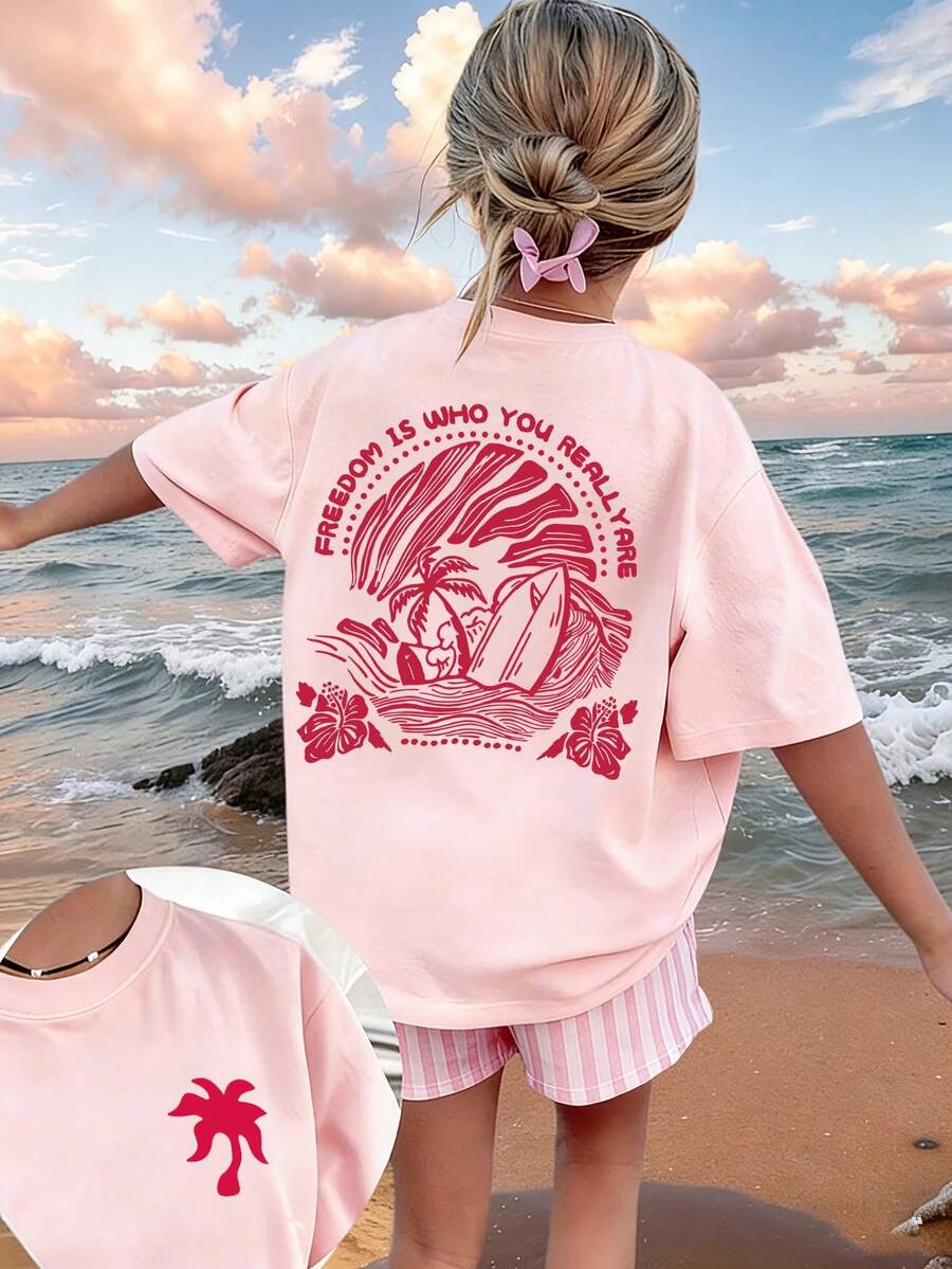 Tween Girls' Tropical Print Round Neck Short Sleeve T-Shirt, Summer Top - Pink - View 1