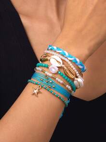 7pcs Bohemian Ocean Vacation Style Handmade Woven Faux Pearl Starfish Blue Seed Bead Bracelet Set - Multicolor - View 2