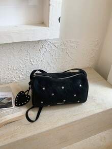 休闲字母印花斜挎包，复古星星和爱心设计，女士单肩包，春季款 - 黑色 - 查看 8