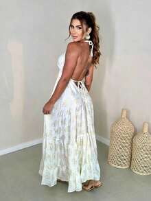 Elegant White Women's Long Silk  Print Dress - White - View 2
