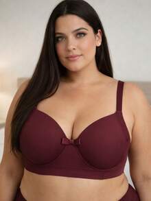 Reinforced Lace Bra With Padded Cups, Plus Size Support Bra - Burgundy - View 1