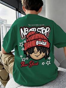 男童宽松印花T恤，嘻哈卡通人物印花，“NEVER STOP”涂鸦字体和“New York”标语点缀，休闲宽松版型，适合返校、滑板、日常休闲和夏季穿着。 - 墨綠色 - 查看 8