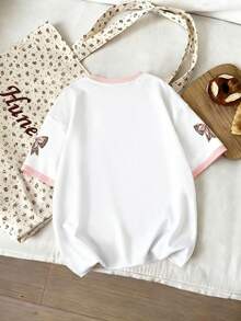 Tween Girl Casual Round Neck Leopard Print Bow Design Short Sleeve T-Shirt, New Spring/Summer Fashion - White - View 3