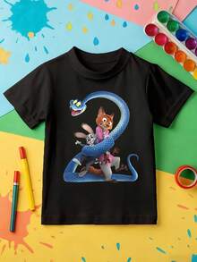 Disney-Crazy Zootopia 2nd Anniversary Printed Children's T-Shirt Black Loose Short Sleeve Disney Fun Style Top - Black - View 4