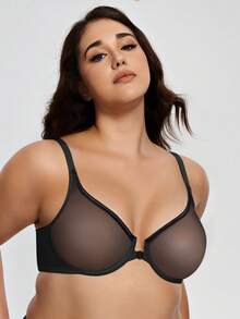 WINGSLOVE Plus Size Sheer Unpadded Deep V Bra, Metal Front Closure, Lightweight & Breathable, Criss-Cross Back Design, Bust Enhancing - Black - View 4