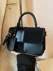 Women's Square Handbag With Dual-Color Plaid Patchwork Design, Fashionable, Elegant, Minimalist, Crossbody, Black - 黑色 - 查看 7