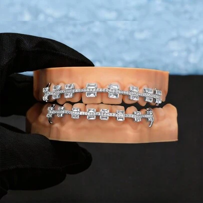 THATBOY 2pcs/Set Hip-Hop Tooth Design | Fashionable Grillz With Copper​, Shiny,Party Gift For Men & Women