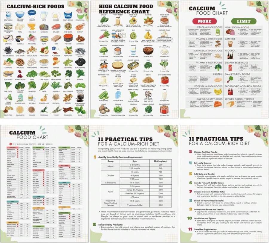 Honoson 6 Pcs High Calcium Foods Chart Educational Poster Bone Health ...