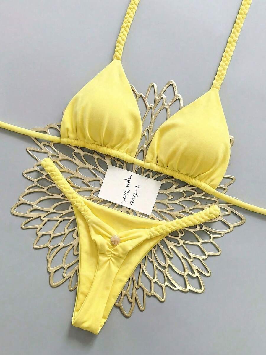 Bộ đồ đi biển thời trang nữ, quần ống rộng xếp ly có logo kim loại, trang phục dự tiệc biển thường ngày, bộ bikini hở lưng thanh lịch, thích hợp cho kỳ nghỉ hè trên bãi biển. - Màu vàng - Xem 1