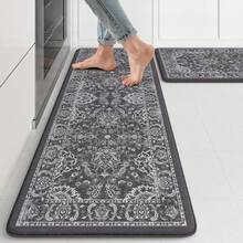 KIMODE Anti Fatigue Kitchen Mats Floor, Boho Floral Kitchen Rugs 17x29.5+17 X47", Cushioned Mats Kitchen Floor, Non Slip Kitchen Floor Mats, Sink, Laundry, Office, Desk Blue Multi E3V1 - 深灰色 - 查看 11