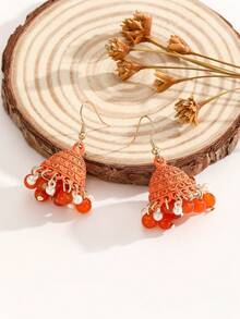 1 Pair Bohemian Style Painted Effect Jhumka Earrings With Round Beads And Tassel, Cute & Versatile Jhumki Earrings Suitable For Women & Girls, Daily Wear, Festivals, Weddings And Parties/Jewelry Gift - Jhumka - View 5