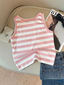 3pcs Tween Girl Sleeveless Tank Top Set, Breathable Casual Summer, Back To School, Spring, Summer, Autumn, Winter, Striped, American Style - Pink - View 4