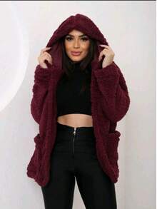 Simple Casual Party Woolen Fabric Fuzzy Coat Everyday Winter - Burgundy - View 1