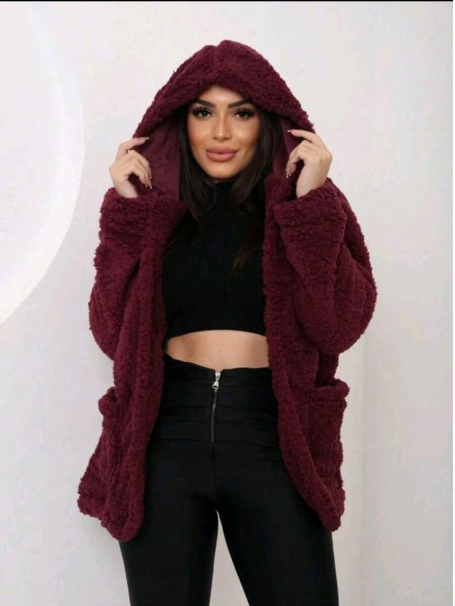 Simple Casual Party Woolen Fabric Fuzzy Coat Everyday Winter - Burgundy - View 1