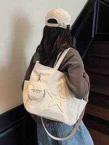 New Fashion Casual Denim Fabric Star Pattern Tote Bag With Coin Purse - White - View 4