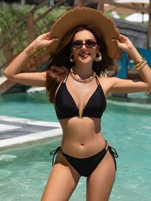 jeederkim Bộ bikini nữ màu đen thanh lịch và sang trọng với áo yếm co giãn cao cấp và quần bikini buộc dây hai bên. - màu đen - Xem 3