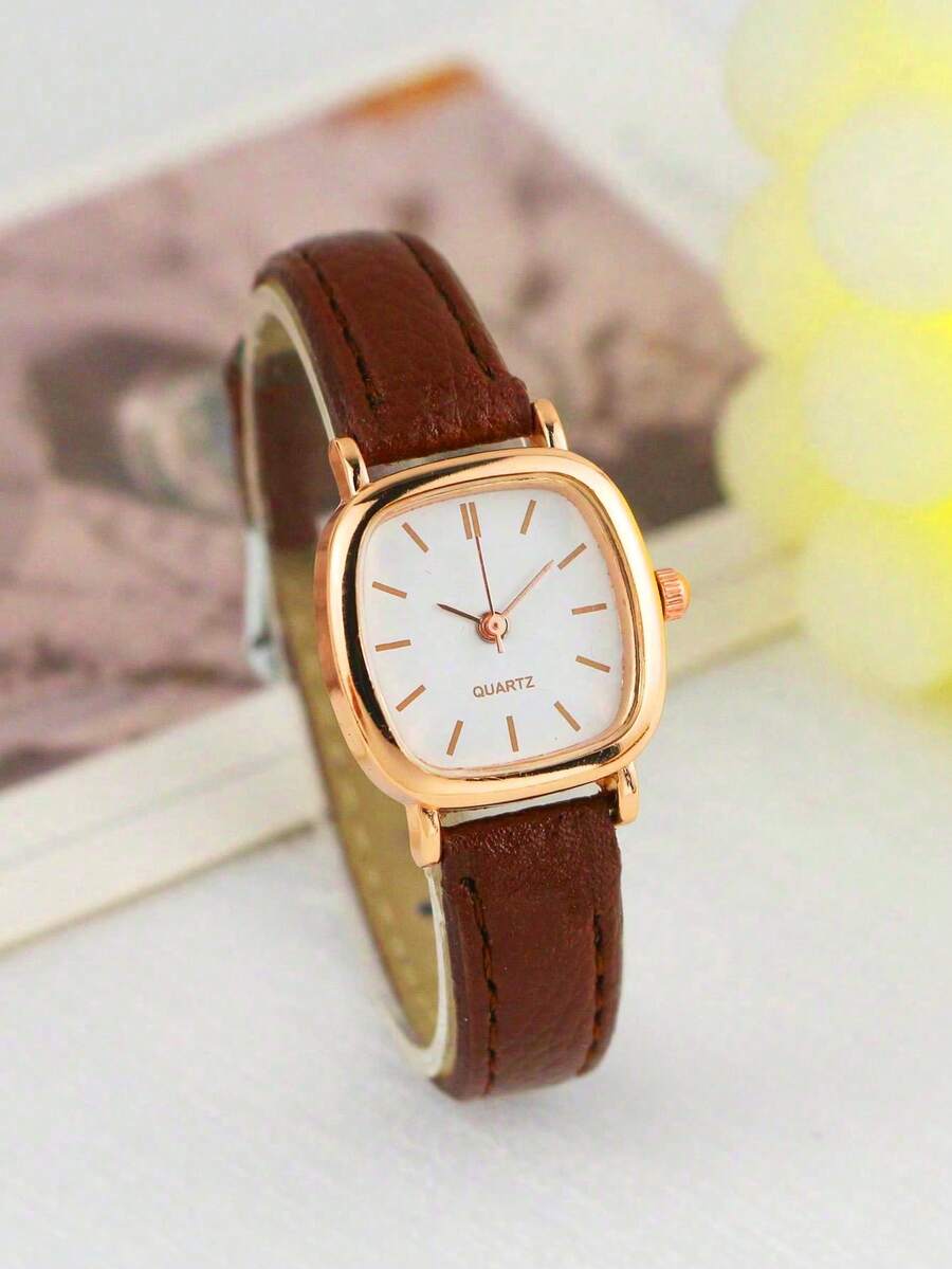 1 件女士方形简约皮革石英手表，适合日常佩戴 - 棕色 - 查看 1