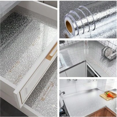 1 Roll Silver Self-Adhesive Aluminum Foil Wallpaper - Waterproof PVC Kitchen Oil-Proof Sticker, Suitable For Countertops, Cabinets, Furniture