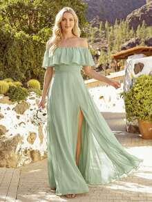 Off-Shoulder Ruffle Sleeve Side Slit A-Line Chiffon Sage Green Bridesmaid Dress, Wedding Guest Dress, Wedding/Vacation/Graduation Ceremony Spring - Mint Green - View 5