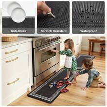 Alfombrillas antifatiga para cocina KIMODE de 17.3 X 47+17.3 X 29, alfombras de cocina estilo bohemio azul, alfombrillas de cocina antideslizantes e impermeables, alfombrilla de espuma vintage para fregadero de cocina, lavandería, escritorio OGHP - Blanco y negro - Ver 4