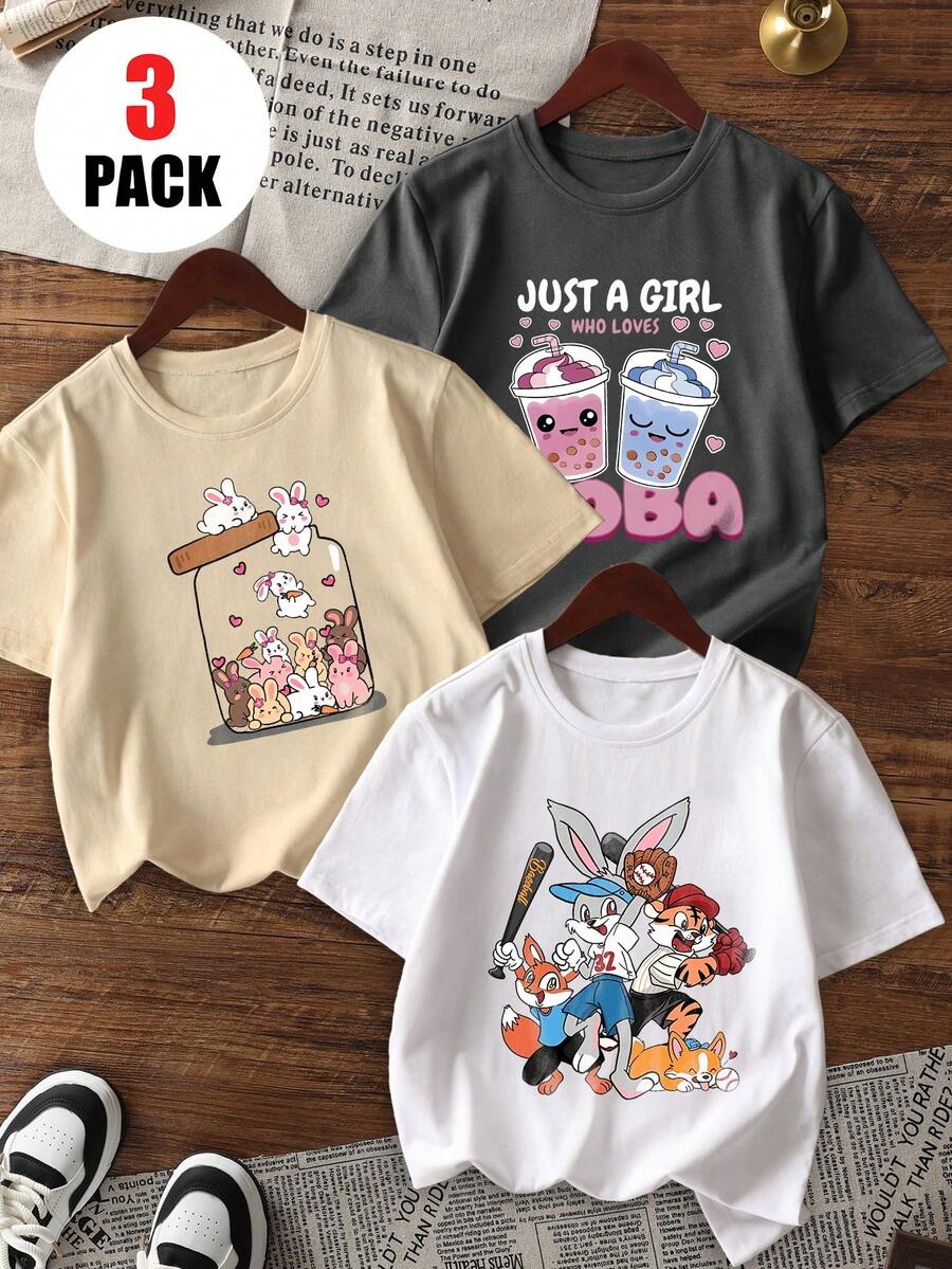 3pcs/Set Girls Casual Printed Round Neck Short Sleeve T-Shirt, Summer Student Young Children Clothing - Cute Little Animal Rabbit Fashion T-Shirt Brings Joy And Happiness To Every Child! Valentine's Day - Apricot - View 1