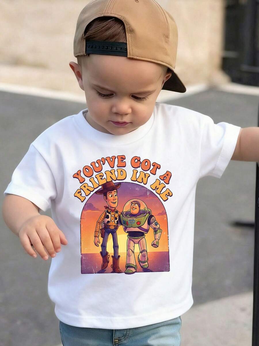 Disney-Toy Story Woody Bass Lightyear Printed Children's T-Shirt White Loose Short Sleeve Disney Retro Friendship Style Top - 白色 - 查看 1