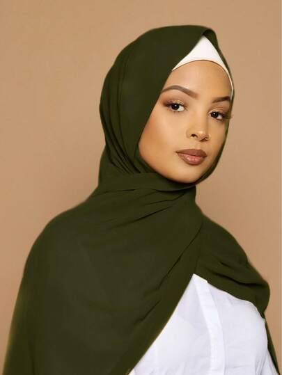 1pc Women's Solid Color Pearl Chiffon Soft Headscarf, Casual Arabic Conservative Plain Hijab, Suitable For Daily Use