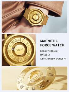 DOM 1pc Men's Watch, Retro Style Roman Numeral Dial Quartz Waterproof Wristwatch, Unique Magnetic Levitation Technology, Leather Strap And Steel Strap, Suitable For Gifts And Daily Wear - Gold Dial Brown Leather Strap - View 9