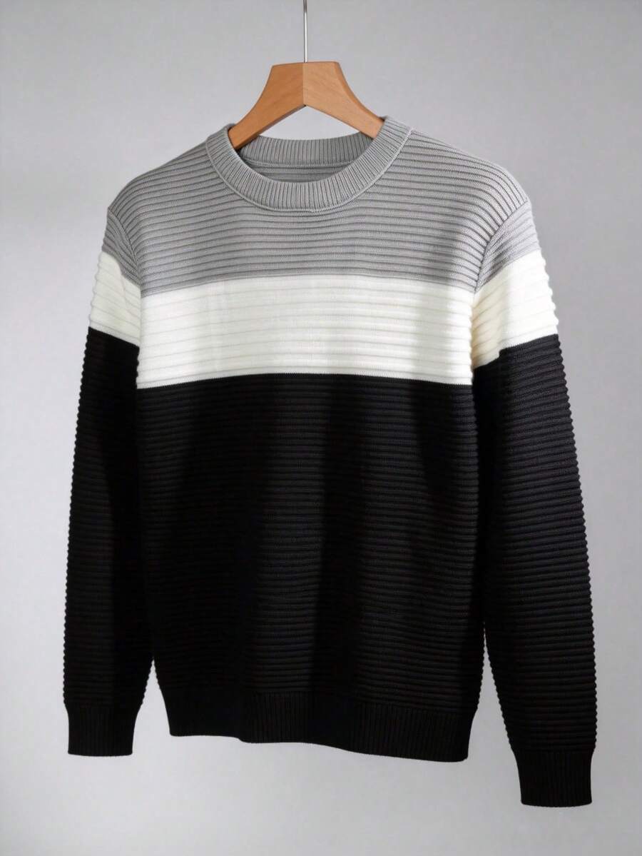 Men's Knitted Sweater, Round Neck, Long Sleeves, Premium Wool, Basic And Comfortable Winter Clothing - Gola Cinza - 查看 1