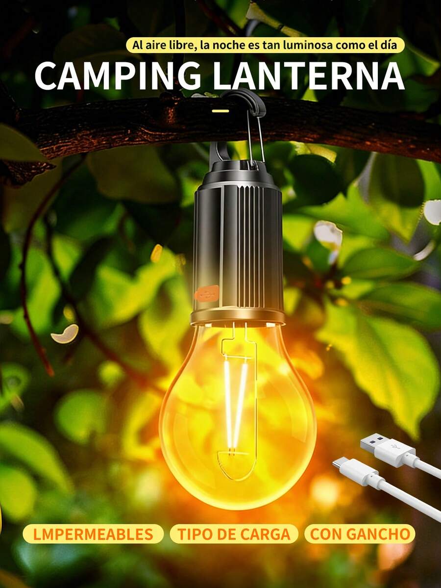 Luz LED para acampar tipo C, recargable por USB, resistente al agua, luz para tienda con gancho, 3 modos de iluminación exterior, lámpara de tienda de campaña, impermeable, para exteriores, para el hogar.