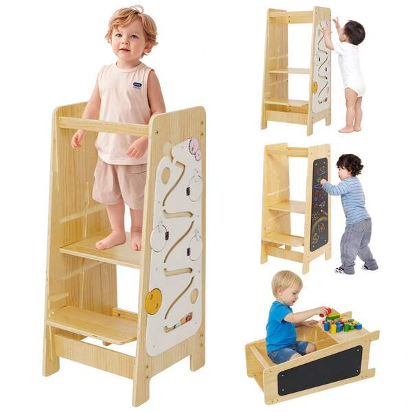 Advwin 4-In-1 Toddler Kitchen Step Stool Height Adjustable Learning Tower Wooden Kitchen Stool Helper Kids Standing Tower