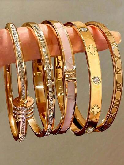 18K Gold Plated Women's Bracelet, Stackable Cuff Bracelet With Roman Numerals And Four-Leaf Clover, Fashionable Jewelry For Daily Wear And Gifts