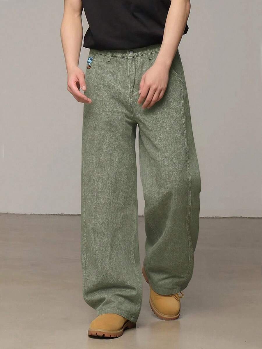 1pc Retro American Style Men's Loose Fit Wide Leg Brown Jeans, Cartoon Elephant Embroidery, Unisex (Belt And Accessories Not Included)