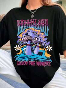 Camiseta Unissex Dreamland Estampa Psicodélica Enjoy The Moment Estilo Street Casual T-shirt Oversized - Preto - Visão 1