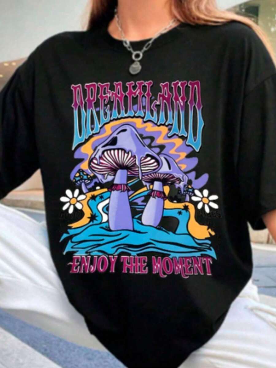 Camiseta Unissex Dreamland Estampa Psicodélica Enjoy The Moment Estilo Street Casual T-shirt Oversized - Preto - Visão 1