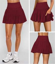 Women's Mini Skirt Skort Flowy Pleated High Waisted Ruffle Tennis Skirts For Women Athletic Skater Golf With Shorts Pockets - 紅色 - 查看 2